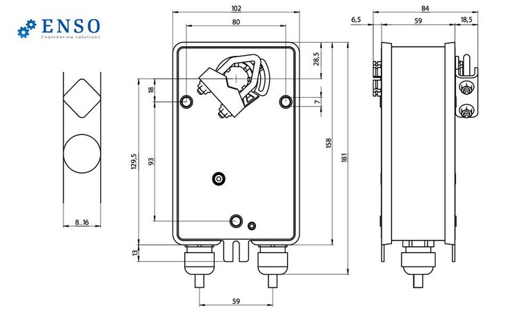 Электропривод ENSO LAB R-NM24-S2 — габаритные размеры, мм